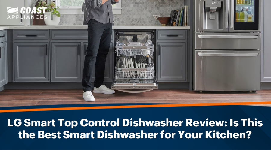 Person operating an LG smart top control dishwasher in a modern kitchen.