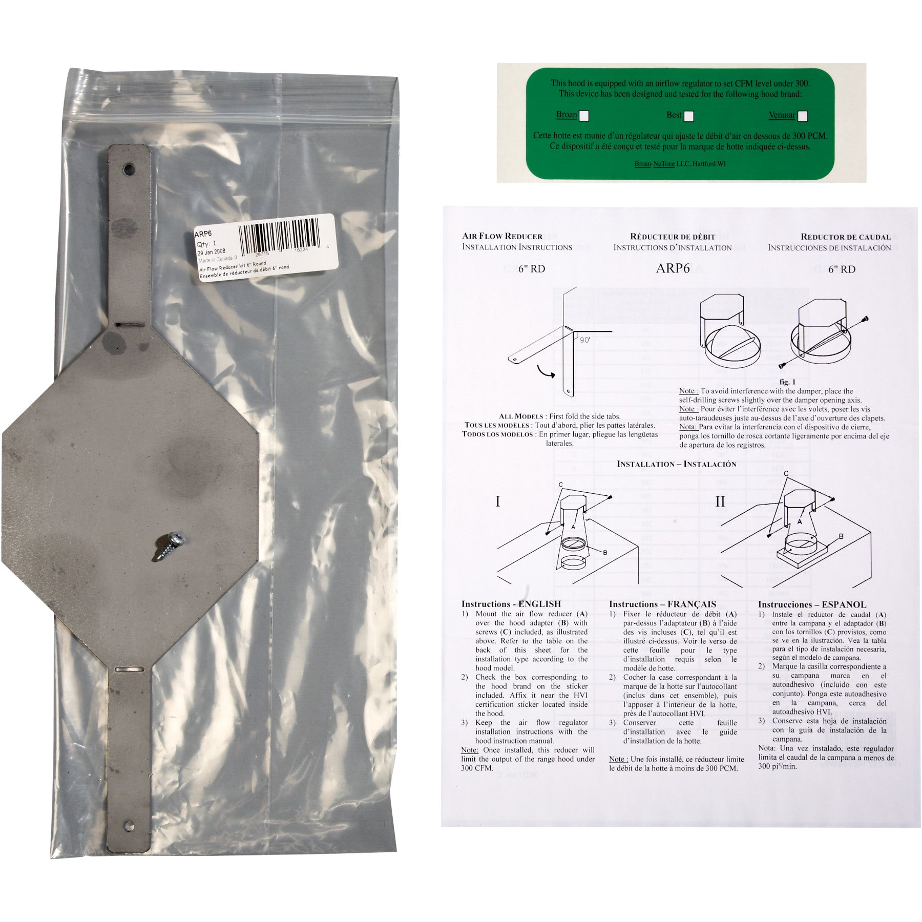 Broan - 6 Inch Round Air Flow Reducer Hood Accessory Vent in Stainless - ARP6