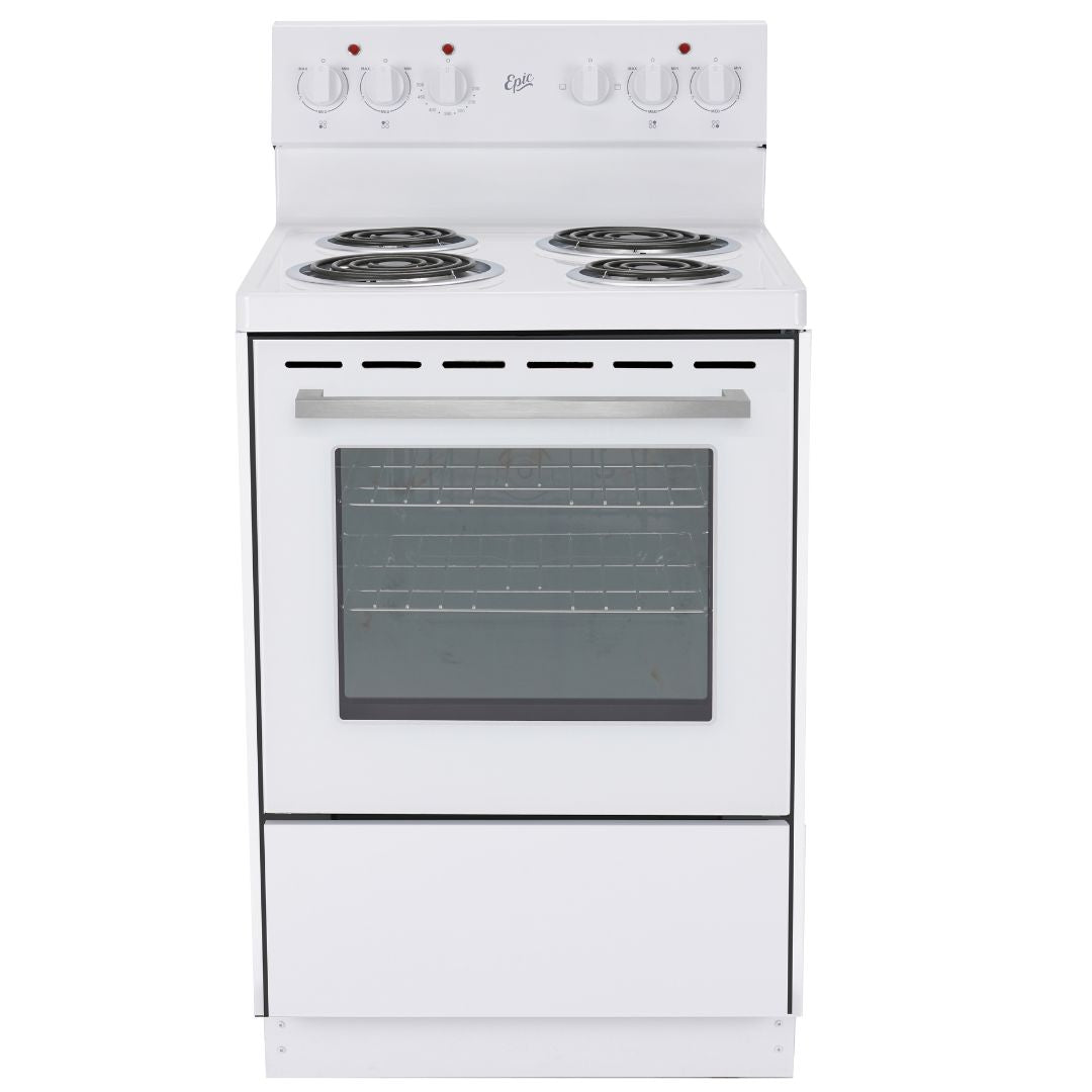 Epic - 23.6 Inch 2.7 cu. ft Electric Coil Range With Clock in White - EER239W-2