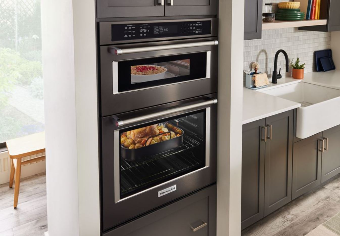 KitchenAid - 6.4 cu. ft Combination Wall Oven in Black Stainless - KOEC530PBS
