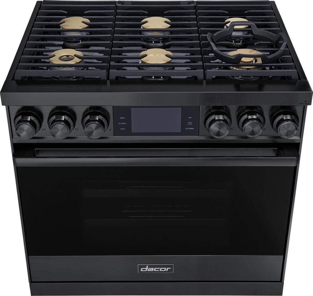 Dacor - 4.8 cu. ft Dual Fuel Natural Gas Range in Black Stainless - DOP36M86DLM