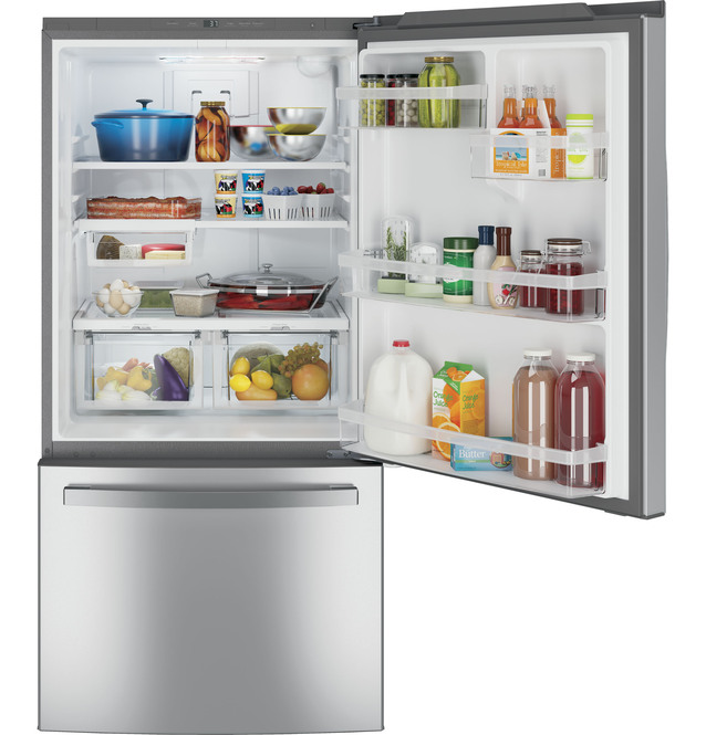 GE - 32.75 Inch 24.8 cu. ft Bottom Mount Refrigerator in Stainless - GDE25ESKSS