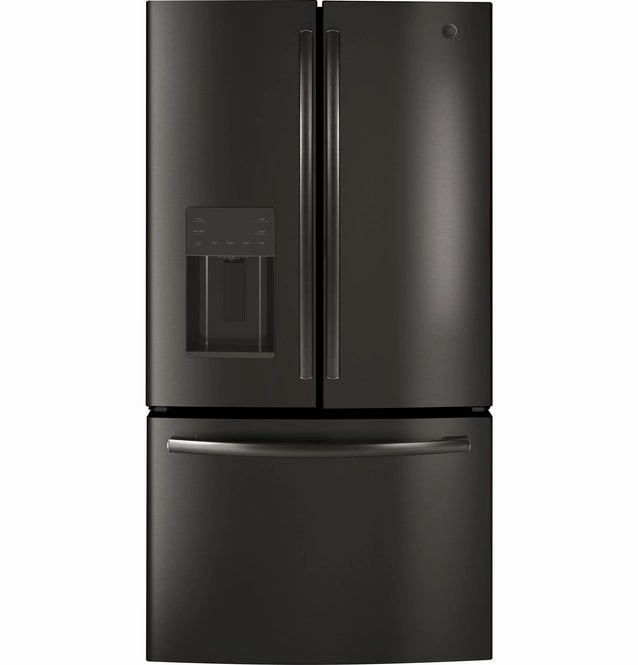 GE - 35.75 Inch 25.6 cu. ft French Door Refrigerator in Black Stainless - GFE26JBTMS
