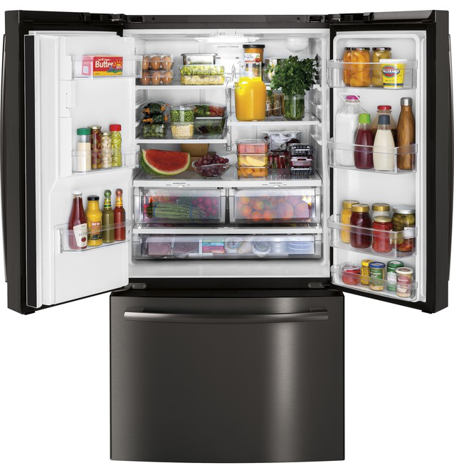 GE - 35.75 Inch 25.6 cu. ft French Door Refrigerator in Black Stainless - GFE26JBTMS