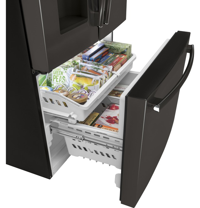 GE - 35.75 Inch 25.6 cu. ft French Door Refrigerator in Black Stainless - GFE26JBTMS