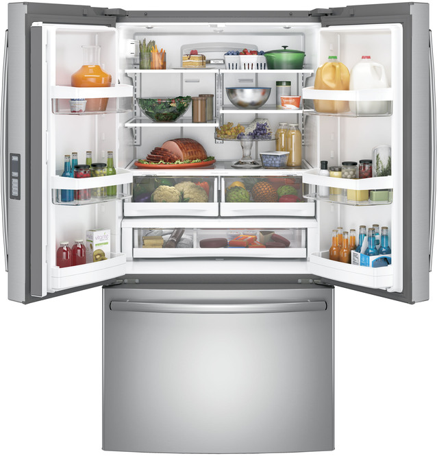 GE - 35.75 Inch 28.7 cu. ft French Door Refrigerator in Stainless - GNE29GSKSS