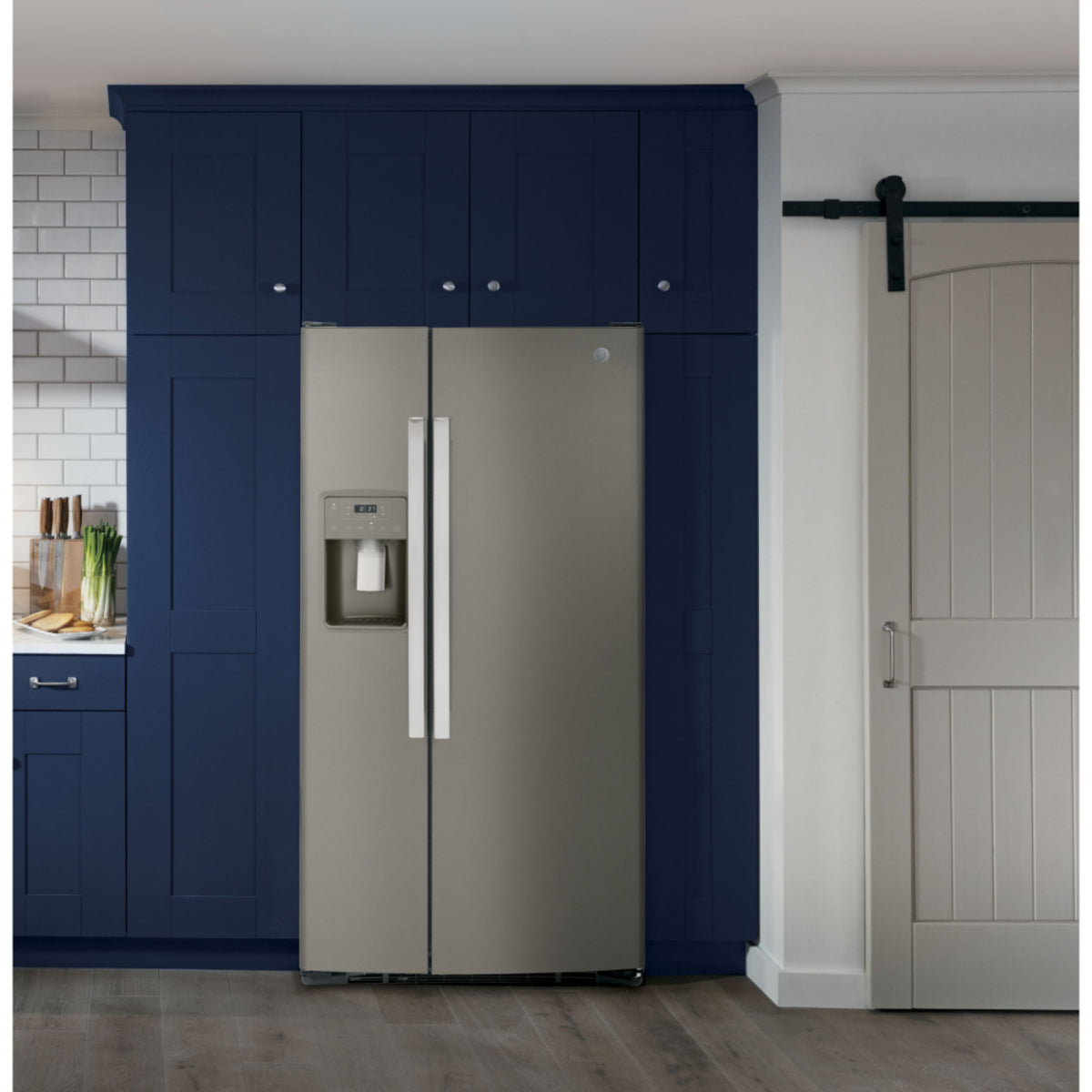 GE - 32.75 Inch 23 cu. ft Side by Side Refrigerator in Grey - GSS23GMPES