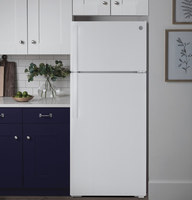 GE - 28 Inch 15.6 cu. ft Top Mount Refrigerator in White - GTE16DTNRWW