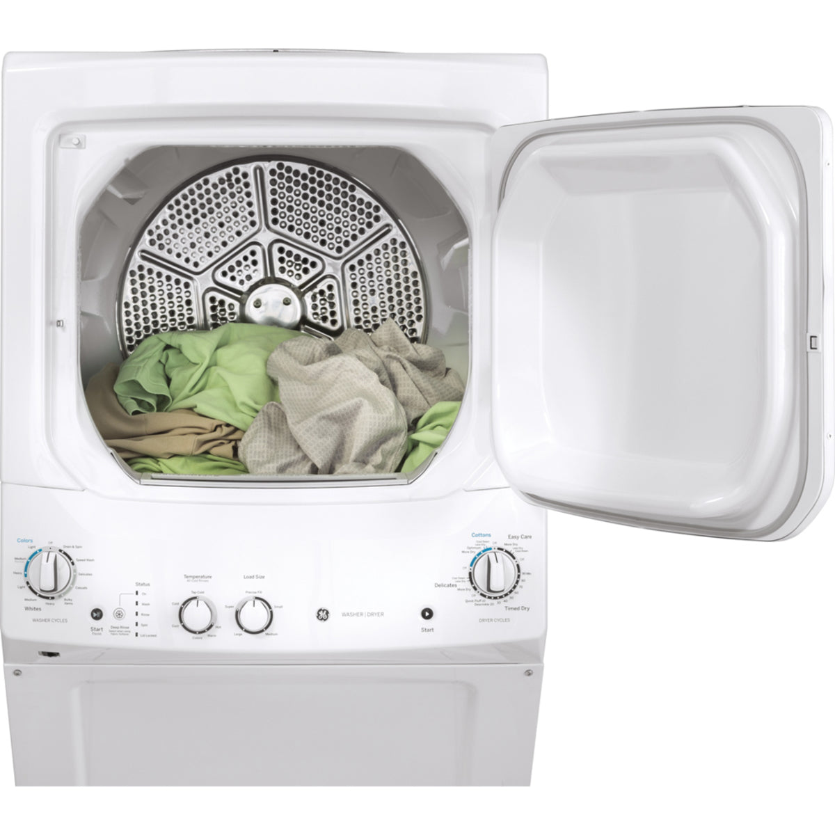 GE - 2.6 cu. ft. Washer and 4.4 cu. ft. Electric Dryer Unitized Laundry Centre in White - GUD24ESMMWW