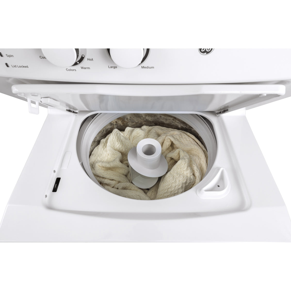 GE - 2.6 cu. ft. Washer and 4.4 cu. ft. Electric Dryer Unitized Laundry Centre in White - GUD24ESMMWW