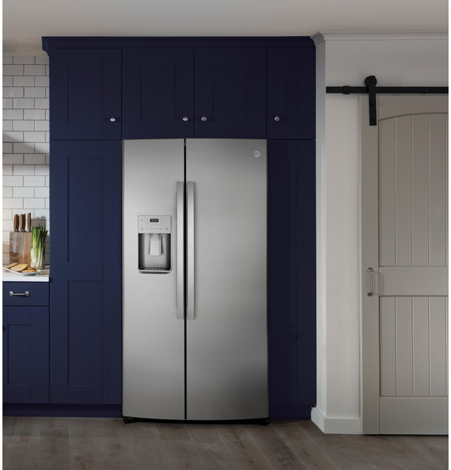GE - 35.75 Inch 21.8 cu. ft Side by Side Refrigerator in Stainless - GZS22IYNFS