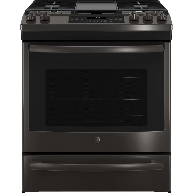GE - 5.6 cu. ft Gas Range in Black Stainless - JCGS760BELTS