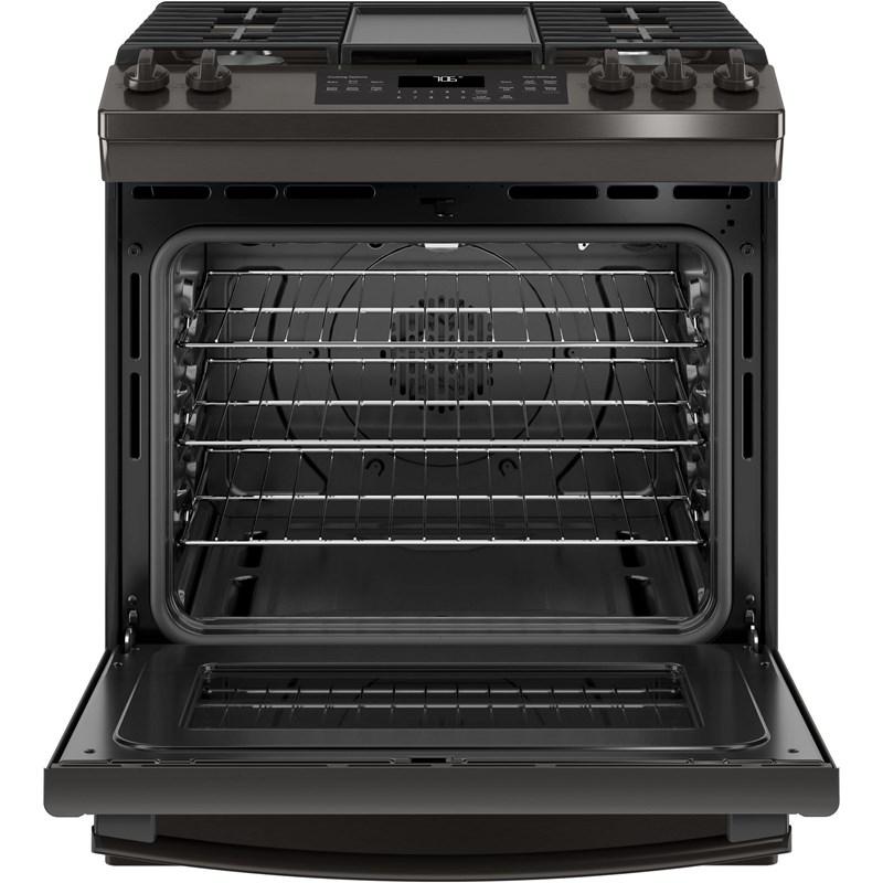 GE - 5.6 cu. ft Gas Range in Black Stainless - JCGS760BELTS