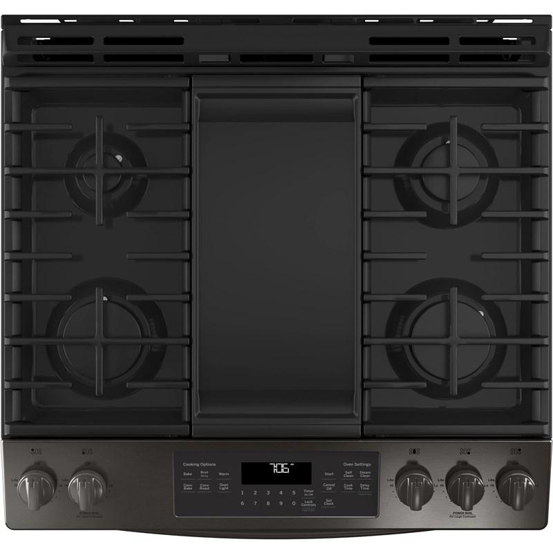 GE - 5.6 cu. ft Gas Range in Black Stainless - JCGS760BELTS