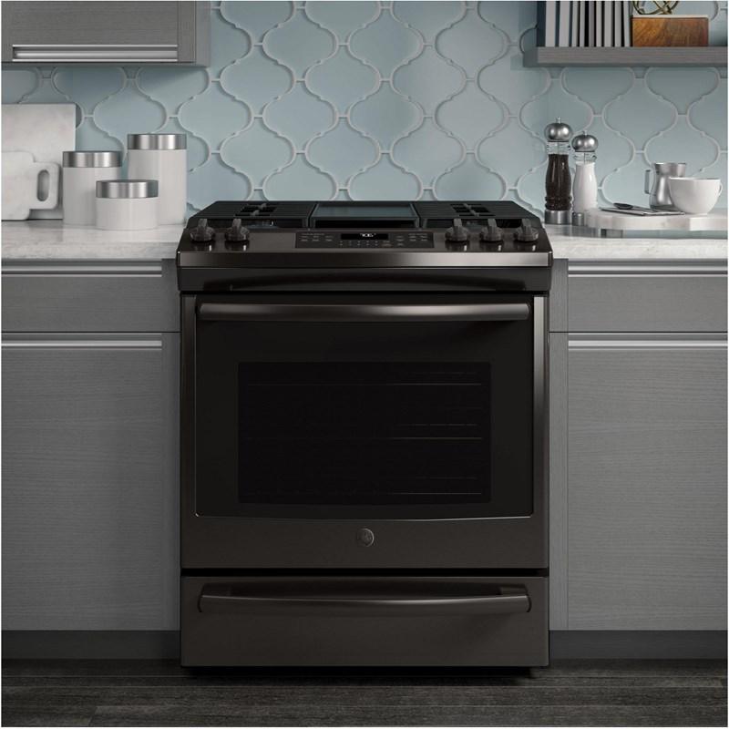 GE - 5.6 cu. ft Gas Range in Black Stainless - JCGS760BELTS