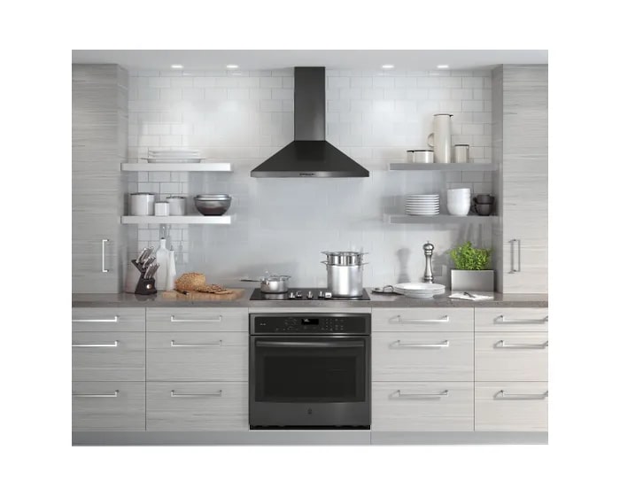 GE - 30 Inch 350 CFM Wall Mount and Chimney Range Vent in Black Stainless - JVW5301BJTSC