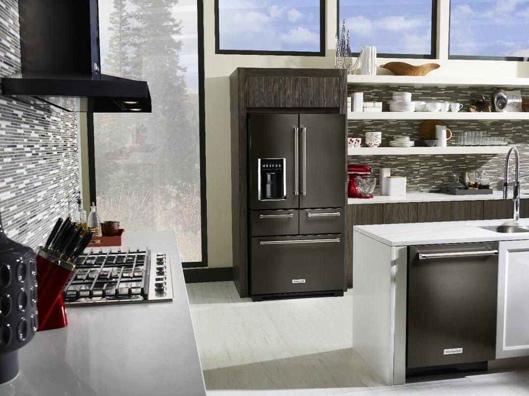 KitchenAid - 36 Inch 25.8 cu. ft French Door Refrigerator in Black Stainless - KRMF706EBS