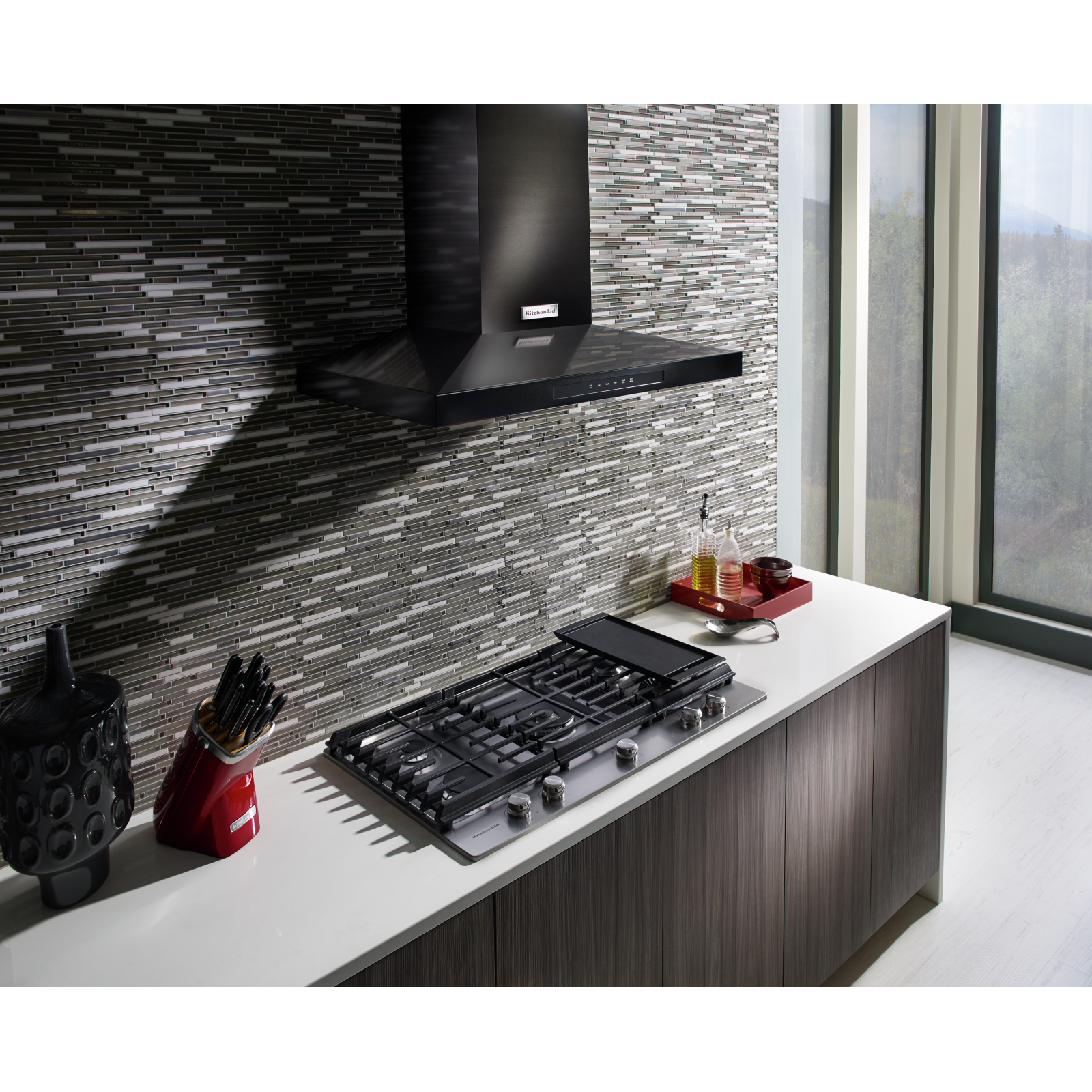 KitchenAid - 36 Inch 585 CFM Wall Mount and Chimney Range Vent in Black (Open Box) - KVWB606HBS-OB