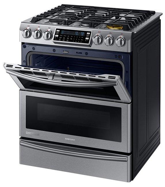 Samsung - 5.8 cu. ft Slide-In Duel Fuel Range in Stainless Steel - NY58J9850WS