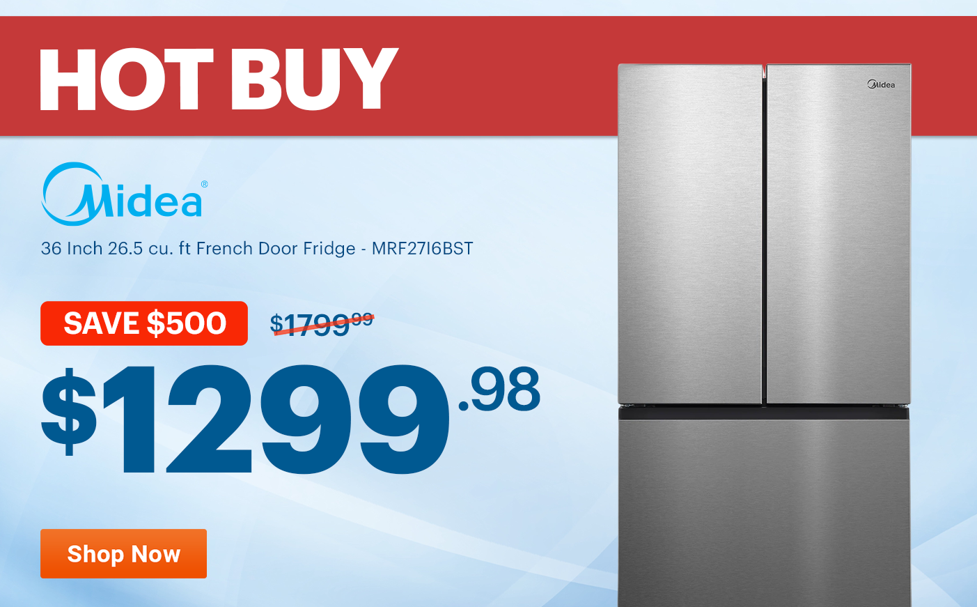 Midea - 36 Inch 26.5 cu. ft French Door Refrigerator in Stainless - MRF27I6BST