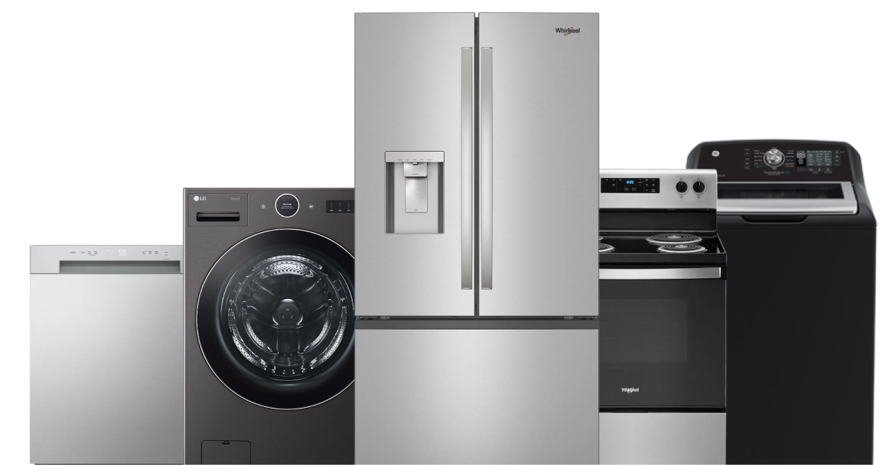 Lineup of appliances: dishwasher, washer, refrigerator, range, and top-load washer