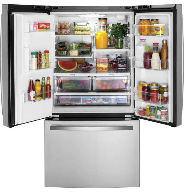GE - 35.75 Inch 25.6 cu. ft French Door Refrigerator in Stainless - GFE26JYMFS