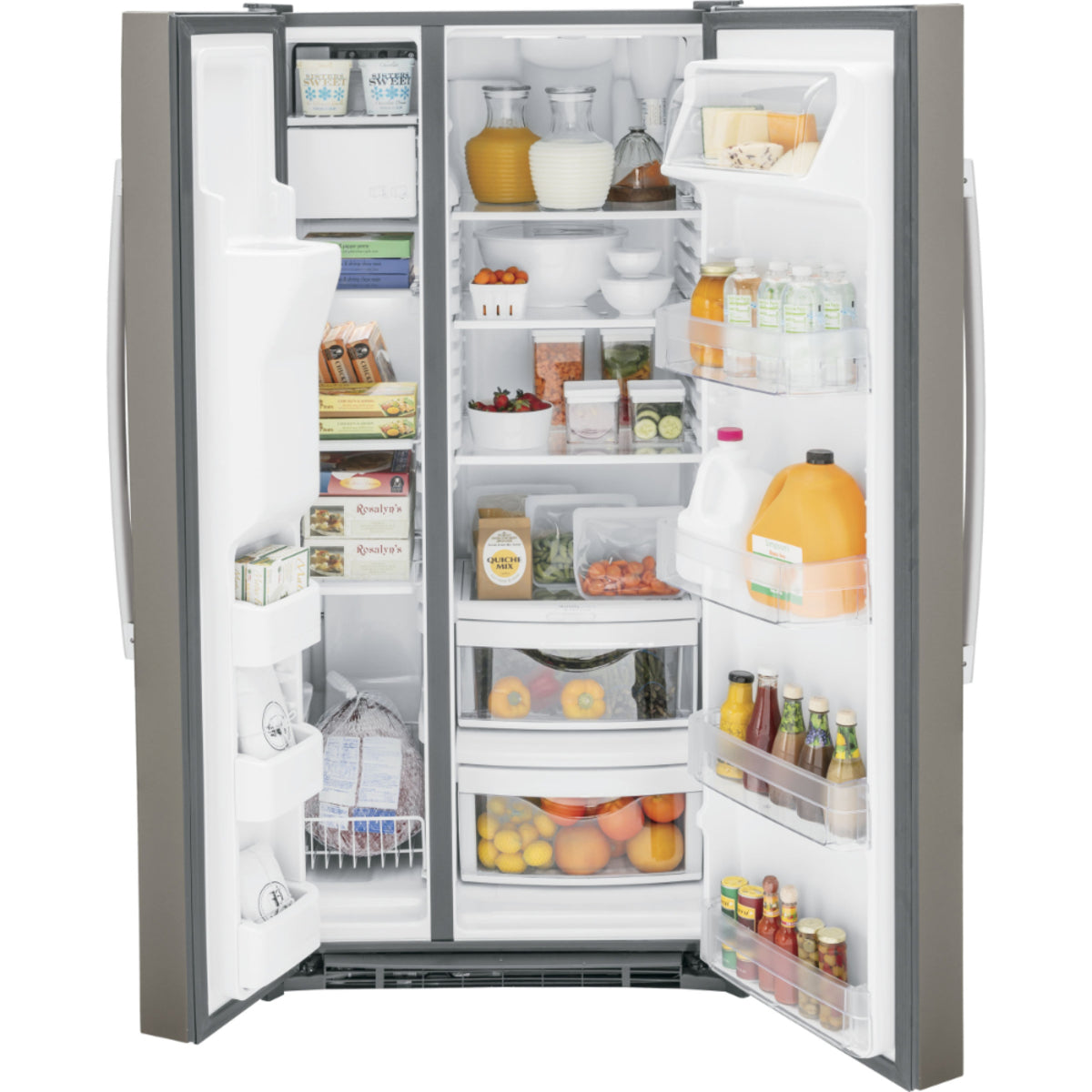 GE - 32.75 Inch 23 cu. ft Side by Side Refrigerator in Grey - GSS23GMPES