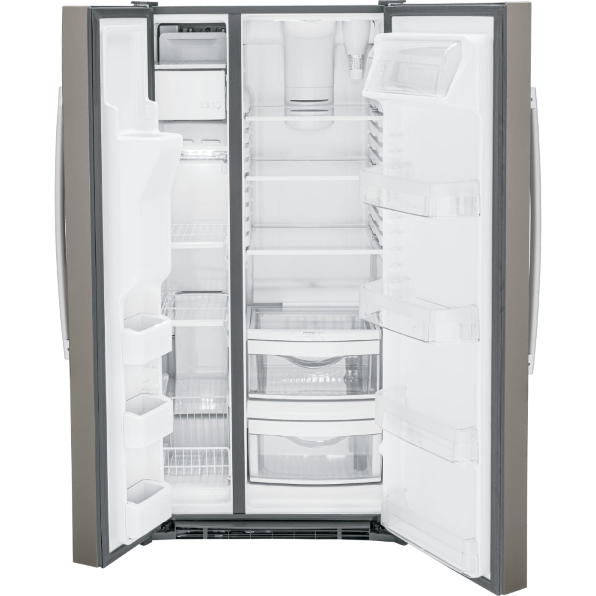 GE - 32.75 Inch 23 cu. ft Side by Side Refrigerator in Grey - GSS23GMPES