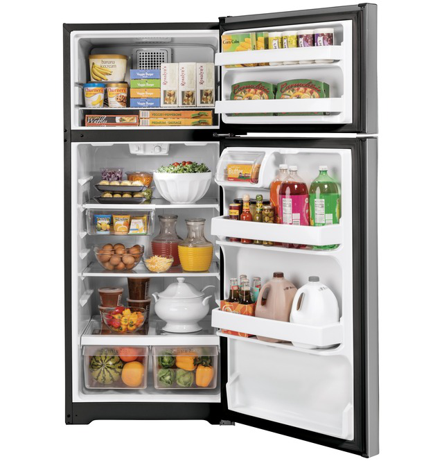 GE - 28 Inch 16.6 cu. ft Top Mount Refrigerator in Stainless - GTE17GSNRSS