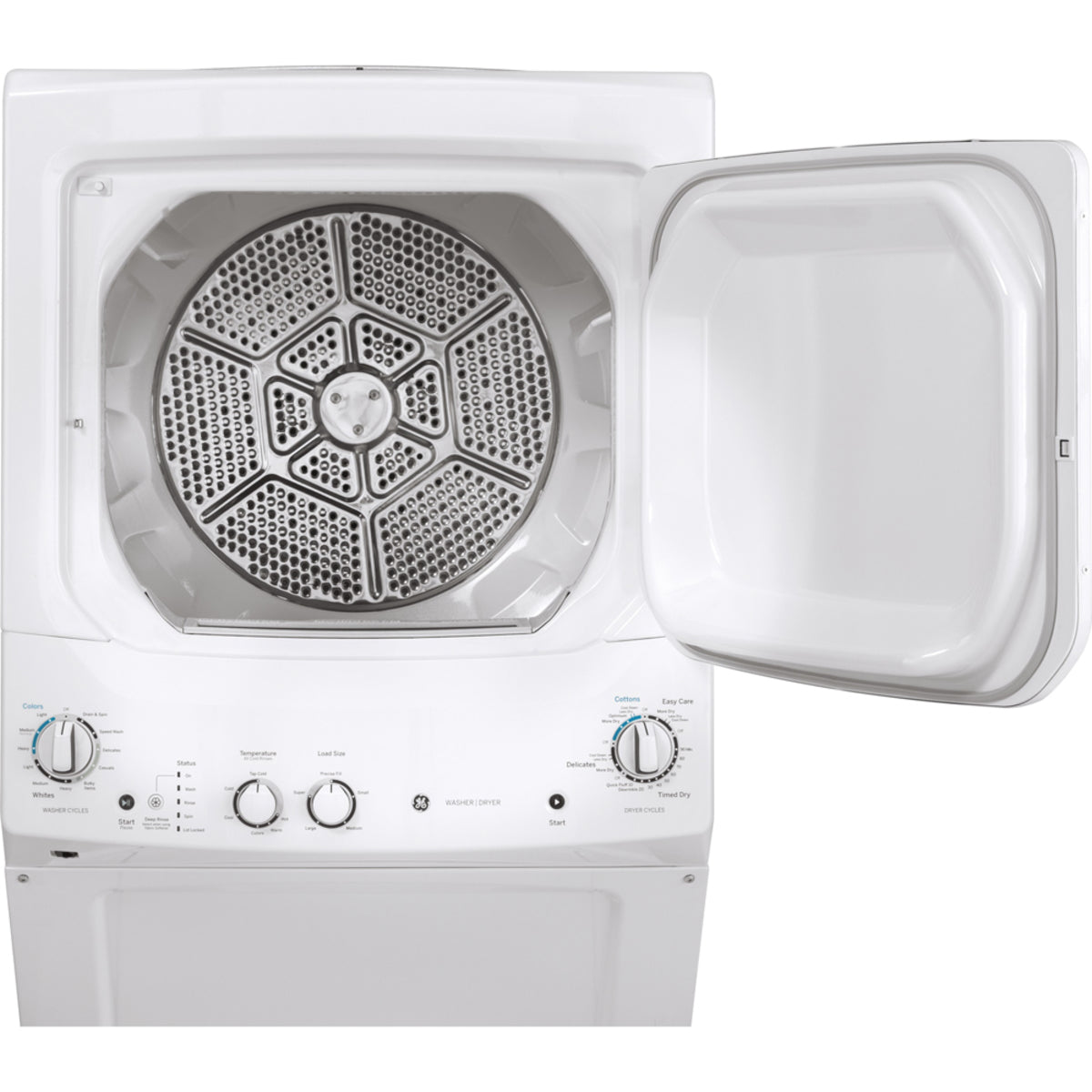 GE - 2.6 cu. ft. Washer and 4.4 cu. ft. Electric Dryer Unitized Laundry Centre in White - GUD24ESMMWW