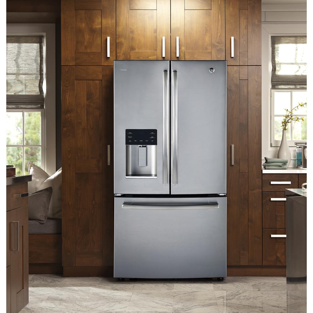 GE Profile - 32.75 Inch 17.5 cu. ft French Door Refrigerator in Stainless - PYE18HSLKSS